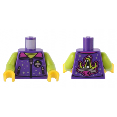 dark purple torso vest with 2 zipper pockets stars space ride emblem spaceship alien magenta collar pattern lime arms yellow hands