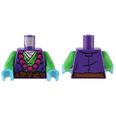 dark purple torso robe over bright green robe reddish brown sash with knot necklace with large magenta beads pattern bright green arms medium azure hands