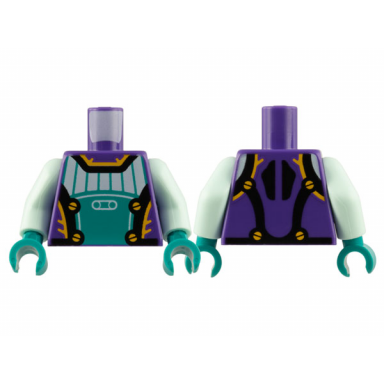 dark purple torso jumpsuit dark turquoise and light aqua panel bright light orange and black circles and trim pattern light aqua arms dark turquoise hands