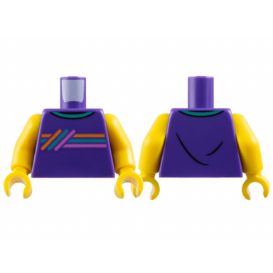 dark purple torso shirt with orange dark turquoise and dark pink stripes pattern yellow arms yellow hands