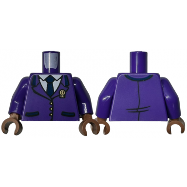 dark purple torso jacket closed with gold envelope badge and buttons over white shirt and dark blue tie pattern dark purple arms medium brown hands