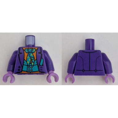 dark purple torso suit jacket open with pocket square over dark turquoise vest and orange shirt tie with lime dots pattern dark purple arms medium lavender hands