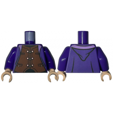dark purple torso robe open with lavender lining over reddish brown vest with pockets and copper buttons black neck and waist pattern dark purple arms light nougat hands