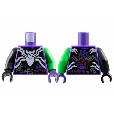 dark purple torso black smudge with large white spider and reddish brown belt pattern bright green arm left black arm right dark purple hand left black hand right