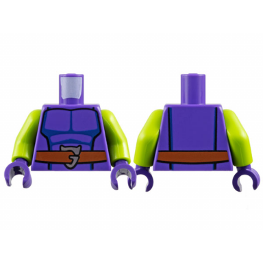 dark purple torso dark blue muscle contours reddish brown belt with silver letter g buckle pattern lime arms dark purple hands