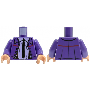 dark purple torso jacket open with gold buttons and red stripe lavender shirt with collar black tie reddish brown suspenders pattern dark purple arms light nougat hands