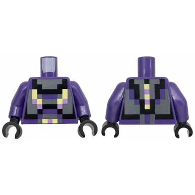 dark purple torso pixelated dark silver black bright light yellow and medium lavender armor pattern dark purple arms black hands