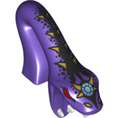 dark purple minifigure head modified snake long neck with open mouth with red eyes bright light blue gem and black scales and gold spikes pattern pythor