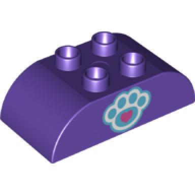 dark purple duplo brick 2 x 4 slope curved double with dark pink heart on medium azure and white paw print pattern