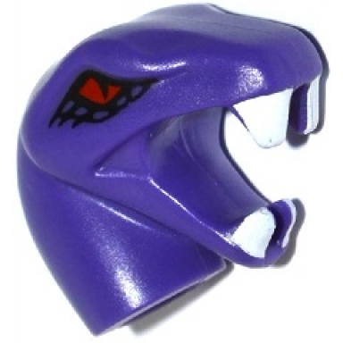 dark purple minifigure head modified snake short neck with open mouth with white fangs and red eyes pattern