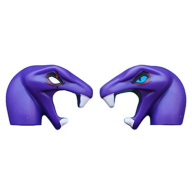 dark purple minifigure head modified snake short neck with open mouth with white fangs silver right eye and light blue left eye pattern