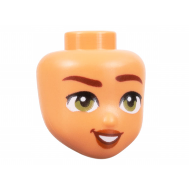 mini doll head friends with reddish brown eyebrows raised olive green eyes dark orange lips and lopsided open mouth smile with teeth pattern