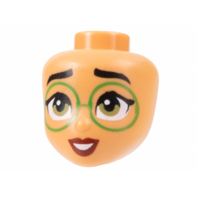 nougat mini doll head friends with black eyebrows large bright green glasses olive green eyes dark red lips open mouth smile with teeth pattern