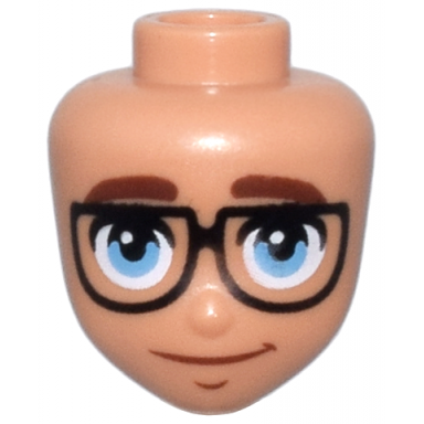 nougat mini doll head friends with reddish brown thick eyebrows medium blue eyes black glasses and closed mouth slight smile pattern