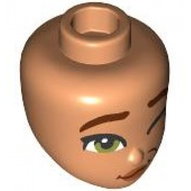 nougat mini doll head friends with reddish brown eyebrows olive green eyes left wink dark orange lips wavy grin with dimple pattern