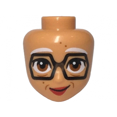 nougat mini doll head friends with white eyebrows large black hexagon glasses dark orange eyes dots and wrinkles red lips lopsided grin pattern
