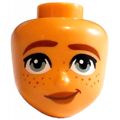 nougat mini doll head friends with reddish brown thick eyebrows black single eyelashes sand green eyes dark orange lips and freckles lopsided grin pattern