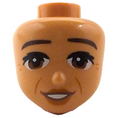 nougat mini doll head friends with dark brown eyebrows black eyelashes reddish brown eyes dark orange lips cheek lines and wrinkles open mouth smile with teeth pattern