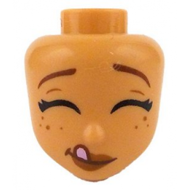 mini doll head friends with reddish brown eyebrows raised black eyelashes closed eyes dark orange lips and freckles lopsided grin with bright pink tongue sticking out pattern