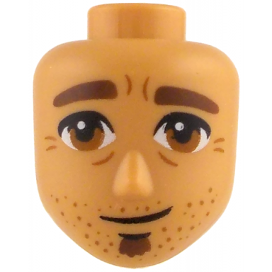 nougat mini doll head friends male large with reddish brown thick eyebrows and goatee dark orange eyes stubble and wrinkles lopsided closed mouth pattern