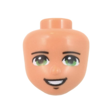 nougat mini doll head friends with black thin eyebrows bright green eyes chin dimple and open mouth smile with teeth pattern