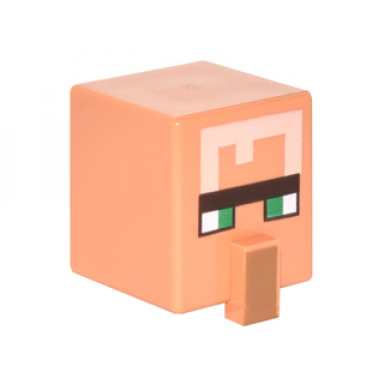 nougat minifigure head modified cube tall with raised rectangle with pixelated dark brown unibrow green eyes light nougat hair and medium nougat nose pattern minecraft villager