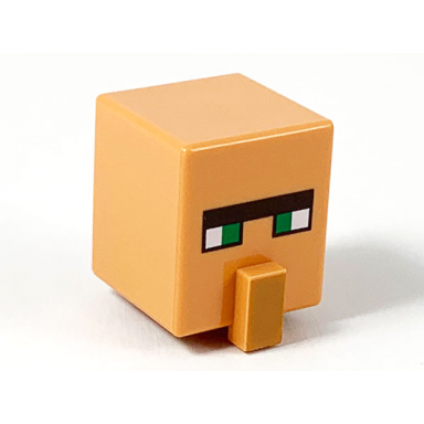 nougat minifigure head modified cube tall with raised rectangle with pixelated dark brown wide unibrow green eyes and medium nougat nose pattern minecraft villager