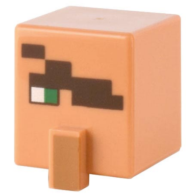 nougat minifigure head modified cube tall with raised rectangle with pixelated dark brown eye patch green eye and medium nougat nose pattern minecraft blacksmith
