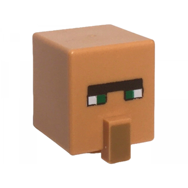 nougat minifigure head modified cube tall with raised rectangle with pixelated dark brown narrow unibrow green eyes and medium nougat nose pattern minecraft shepherd villager