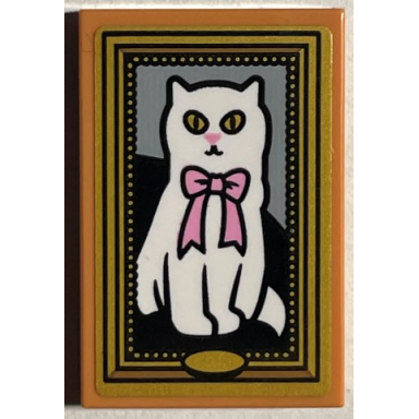 nougat tile 2 x 3 with picture of white cat with bright pink bow in gold frame pattern sticker - set 76403