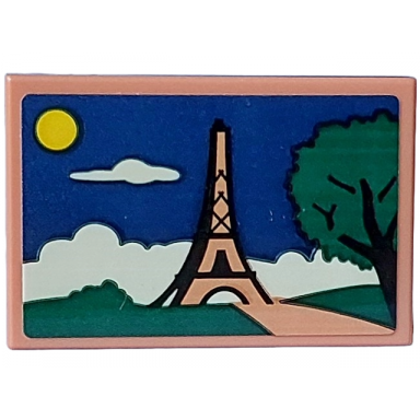 nougat tile 2 x 3 with painting of parisian landscape with medium nougat eiffel tower dark green tree and yellow sun pattern sticker - set 910032
