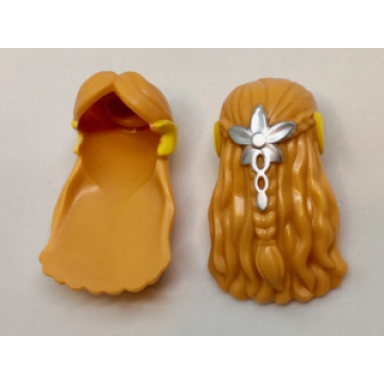nougat minifigure hair female long with parted bangs partly braided in back with yellow elf ears and silver flower pattern