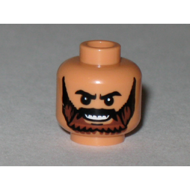 nougat minifigure head beard brown full with black knit eyebrows and grin with teeth pattern