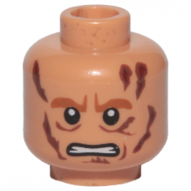 nougat minifigure head dark orange eyebrows reddish brown bags under eyes and scars dark red burns angry bared teeth pattern