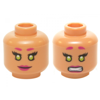 nougat minifigure head dual sided female magenta eyebrows and lips lime eyes smile clenched pattern starfire