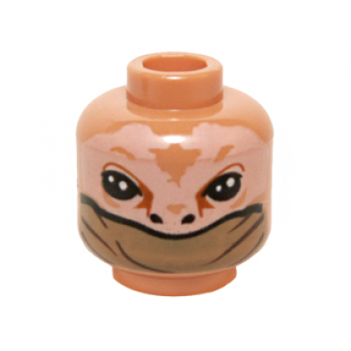 nougat minifigure head alien with sw large black eyes and nostrils and olive green lower face veil pattern