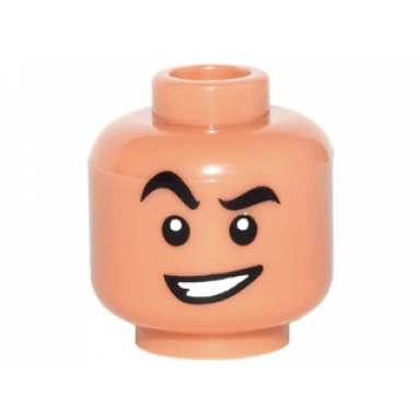 nougat minifigure head black thick eyebrows raised right eyebrow lopsided open mouth smile with teeth pattern