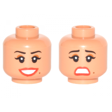 nougat minifigure head dual sided female thin black eyebrows brown eye shadow red lips beauty mark smile scared pattern