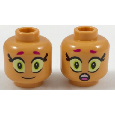 nougat minifigure head dual sided alien female magenta eyebrows large eyes smile scared pattern