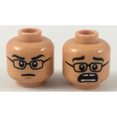 nougat minifigure head dual sided black glasses black eyebrows neutral scared with gap in teeth pattern