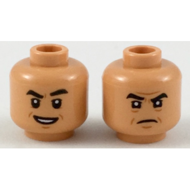 nougat minifigure head dual sided black eyebrows dark orange chin dimple and wrinkles open mouth smile with teeth angry frown pattern