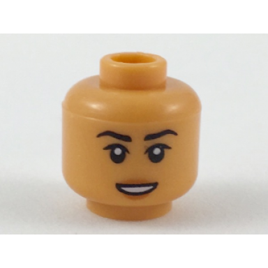 nougat minifigure head female black eyebrows dark orange lips open mouth smile with teeth pattern