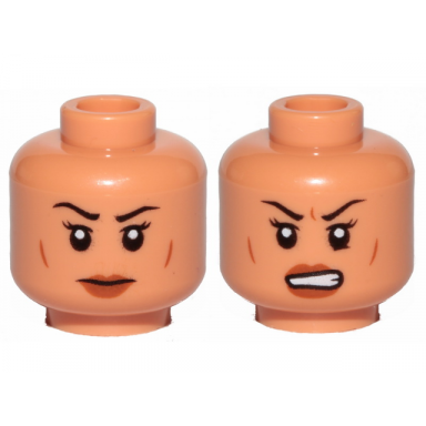 nougat minifigure head dual sided female black eyebrows dark orange lips lines on cheeks neutral angry pattern