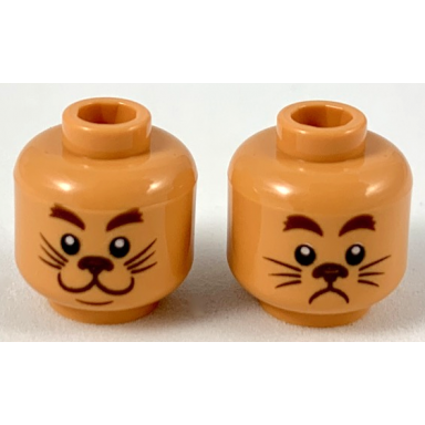 nougat minifigure head dual sided reddish brown eyebrows dark brown nose and whiskers smiling scared pattern