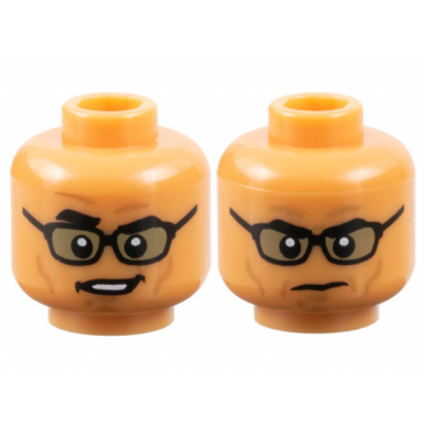 nougat minifigure head dual sided black thick eyebrows glasses with dark tan lenses medium nougat cheek lines chin dimple and wrinkles lopsided open mouth smirk with teeth stern pattern