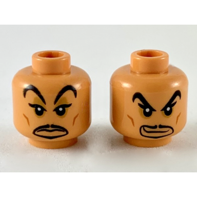 nougat minifigure head dual sided large black eyebrows dark orange cheek lines black goatee passive crooked smirk pattern