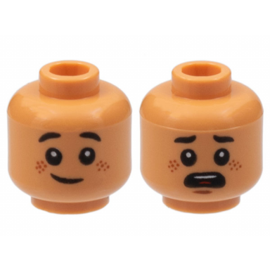 nougat minifigure head dual sided child reddish brown freckles grin scared open mouth black eyebrows rounded ends pattern
