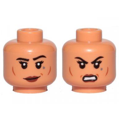 nougat minifigure head dual sided female dark red lips black eyebrows cheek lines dark bluish gray tattoo smile angry pattern