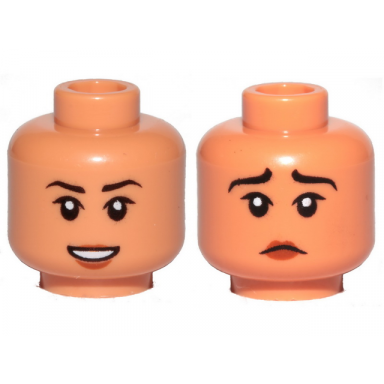 nougat minifigure head dual sided female black eyebrows reddish brown lips open mouth smile sad pattern