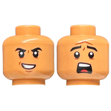 nougat minifigure head dual sided black eyebrows dark orange furrows evil smile scared pattern